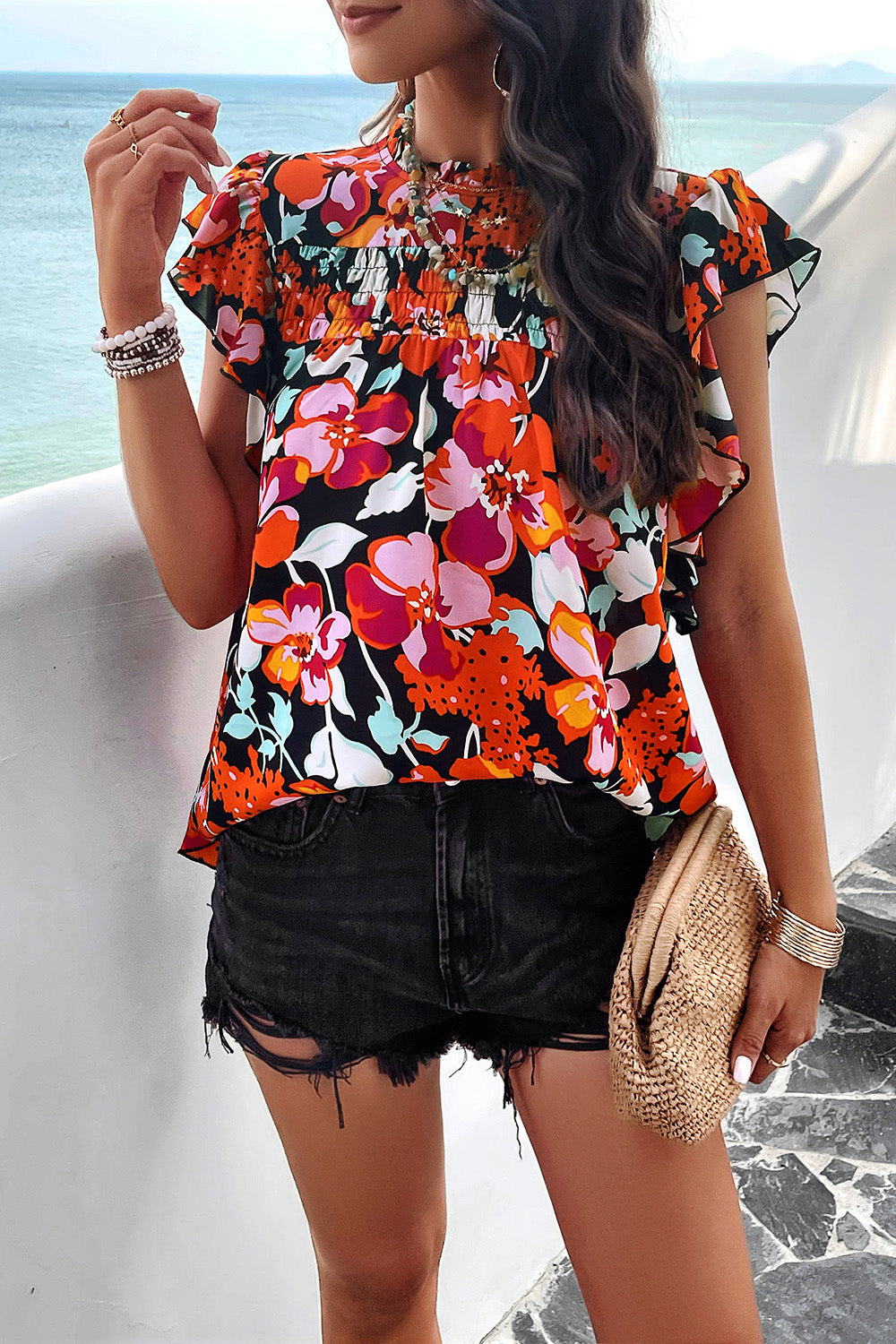 Smocked Printed Mock Neck Cap Sleeve Blouse