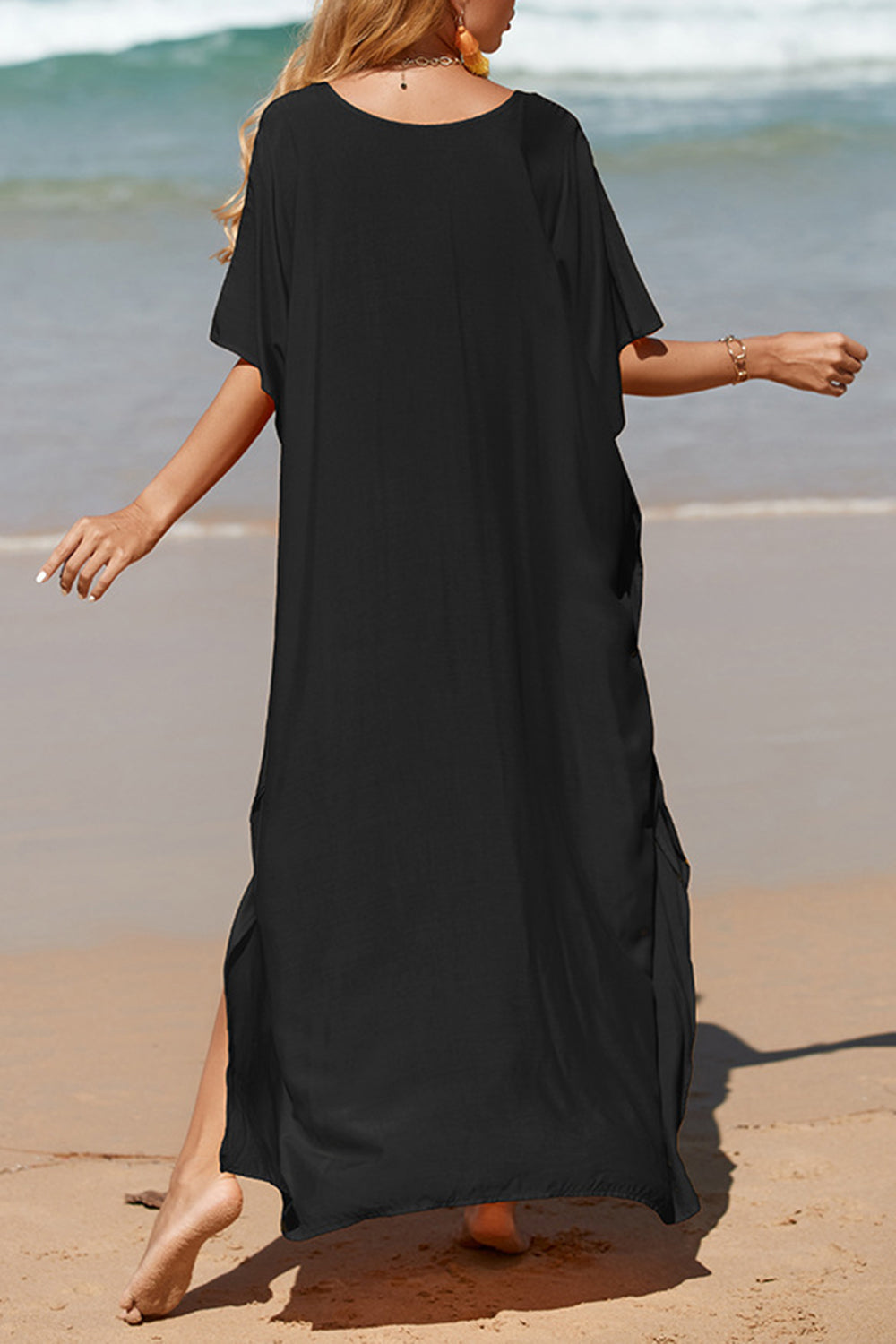 Slit V-Neck Half Sleeve Cover-Up