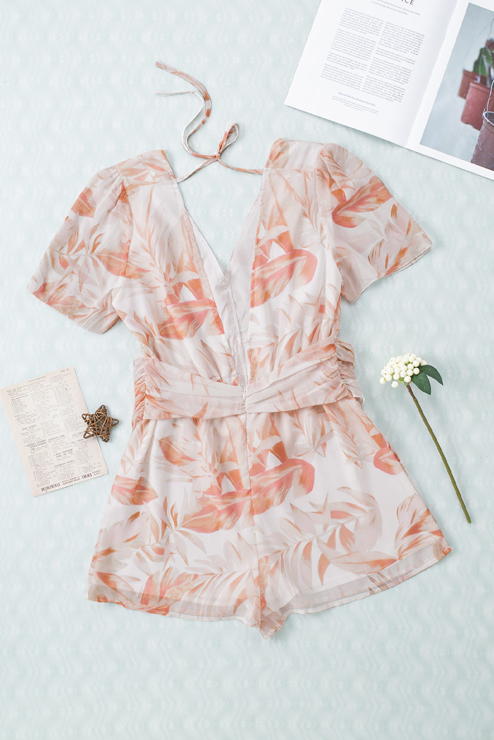 Printed Short Sleeve Tie Front Romper