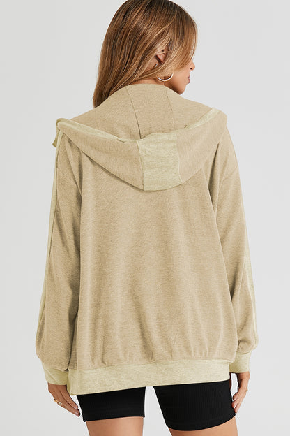 Pocketed Zip Up Dropped Shoulder Hooded Jacket