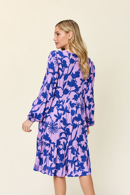 Double Take Full Size Printed Ruffle Hem Long Sleeve Dress