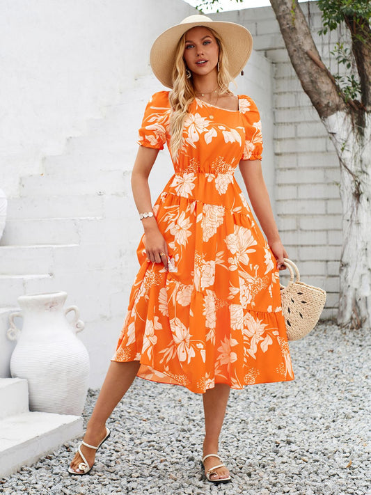 Printed Asymmetric Neck Short Sleeve Midi Dress