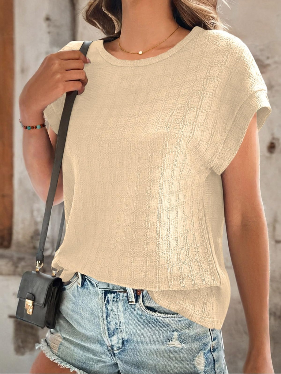 Textured Round Neck Short Sleeve Top