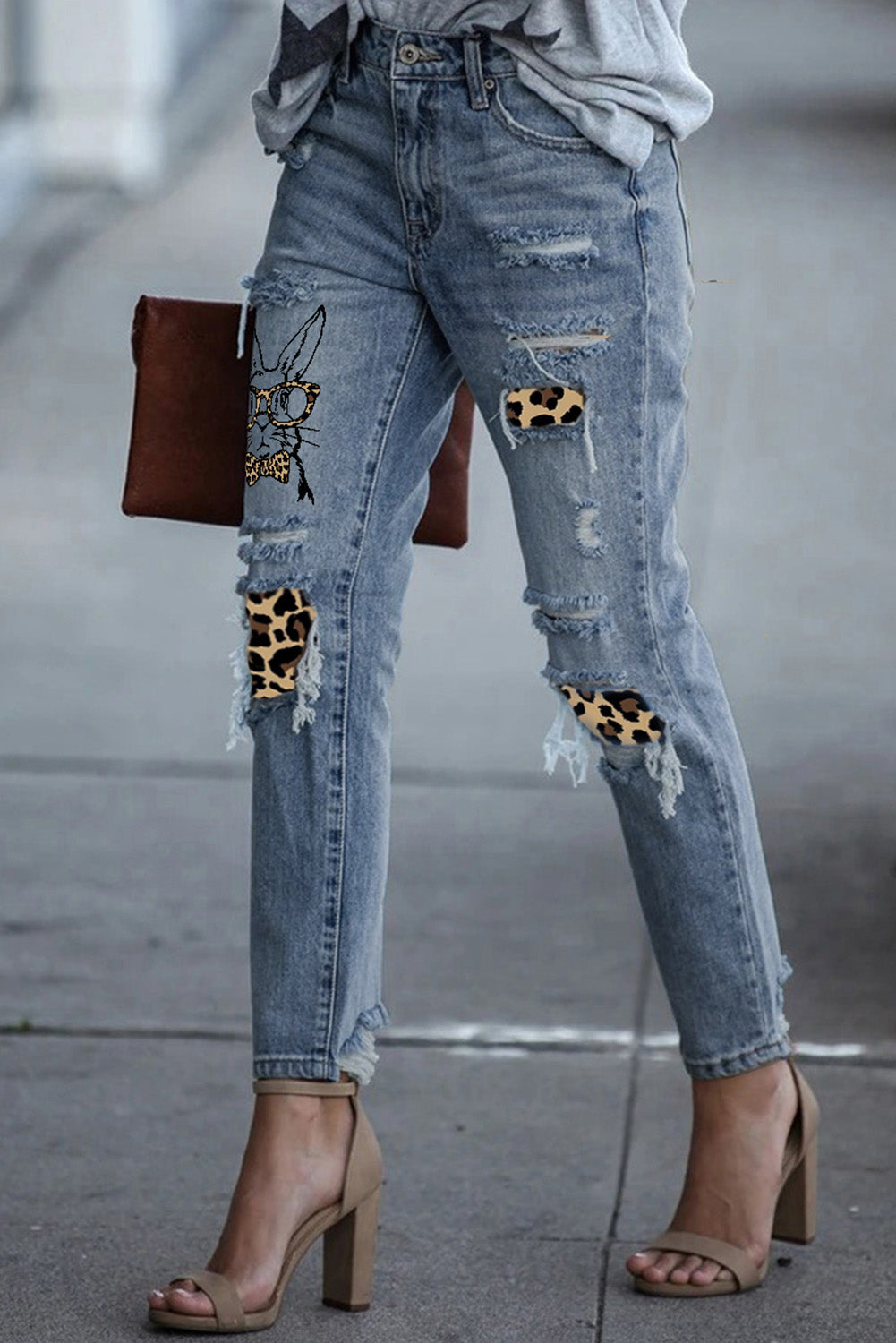 Baeful Easter Leopard Patch Bunny Graphic Jeans