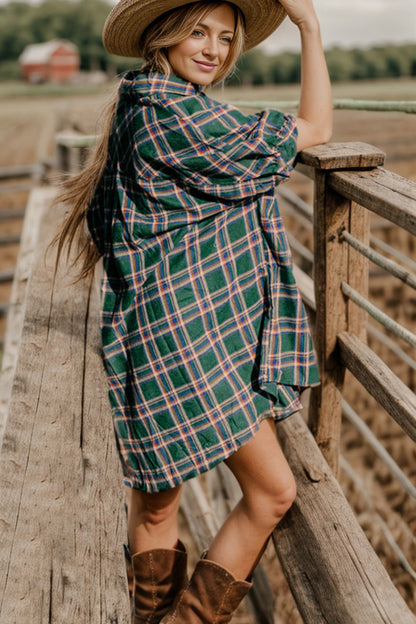 Plaid Button Up Collared Neck Shirt Dress