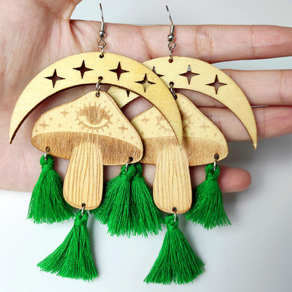 Moon & Mushroom Tassel Detail Dangle Earrings