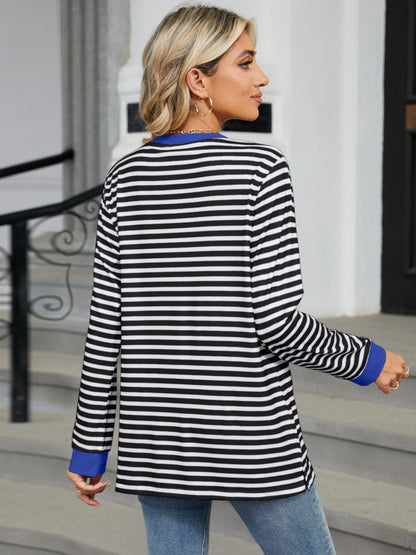 Pocketed Striped Round Neck Long Sleeve T-Shirt