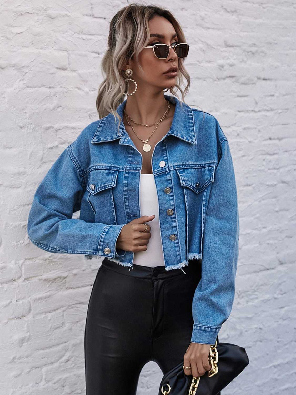 Raw Hem Collared Neck Denim Jacket