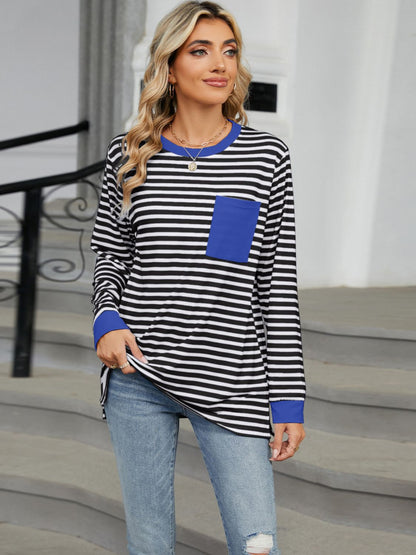 Pocketed Striped Round Neck Long Sleeve T-Shirt