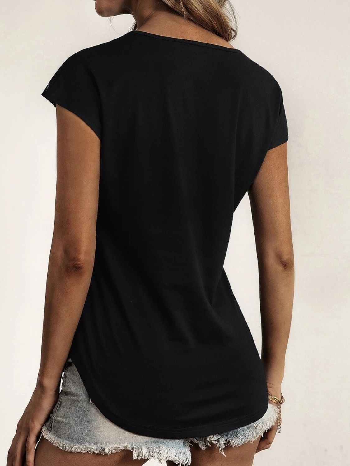 Lace Detail Half Zip Cap Sleeve T-Shirt