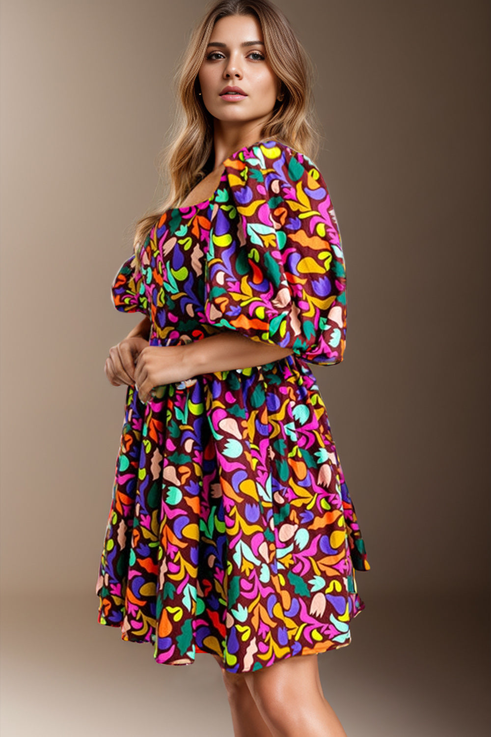 Plus Size Printed Square Neck Half Sleeve Dress