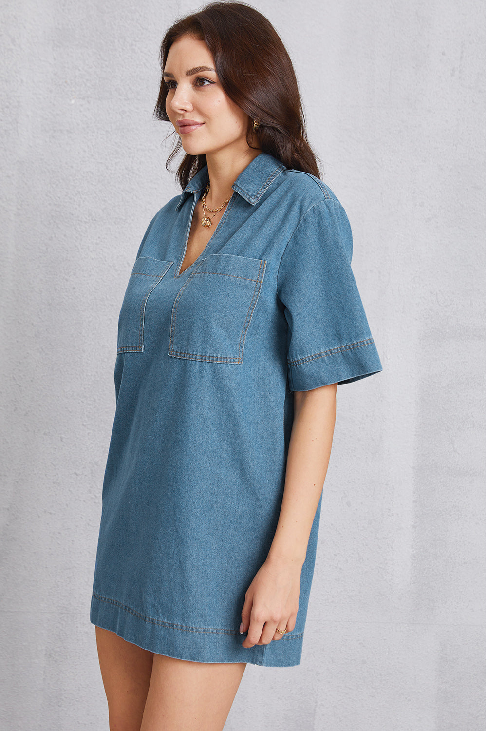 Pocketed Collared Neck Mini Denim Dress