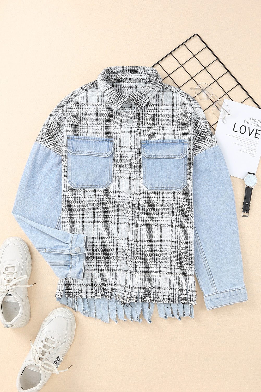 Plaid Pocketed Snap Down Denim Jacket