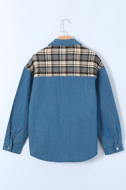 Plaid Pocketed Button Up Denim Jacket