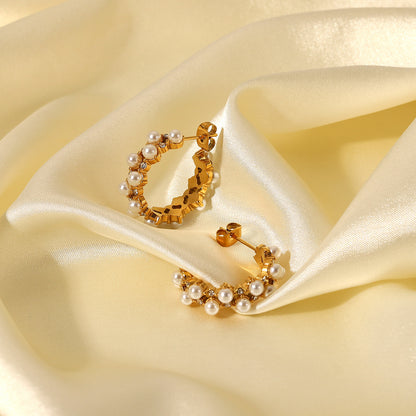 Pearl Rhinestone C-Hoop Earrings