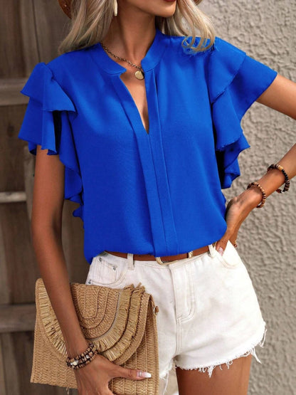 Ruffled Notched Short Sleeve Blouse