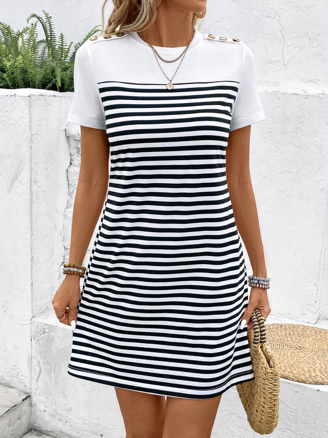 Striped Round Neck Short Sleeve Mini Tee Dress