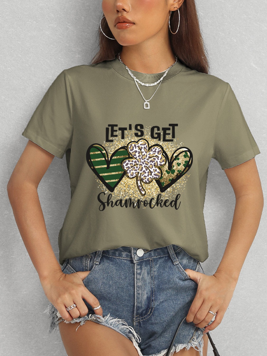 Lucky Clover Round Neck Short Sleeve T-Shirt