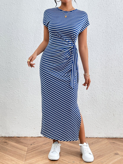 Tied Striped Round Neck Short Sleeve Tee Dress