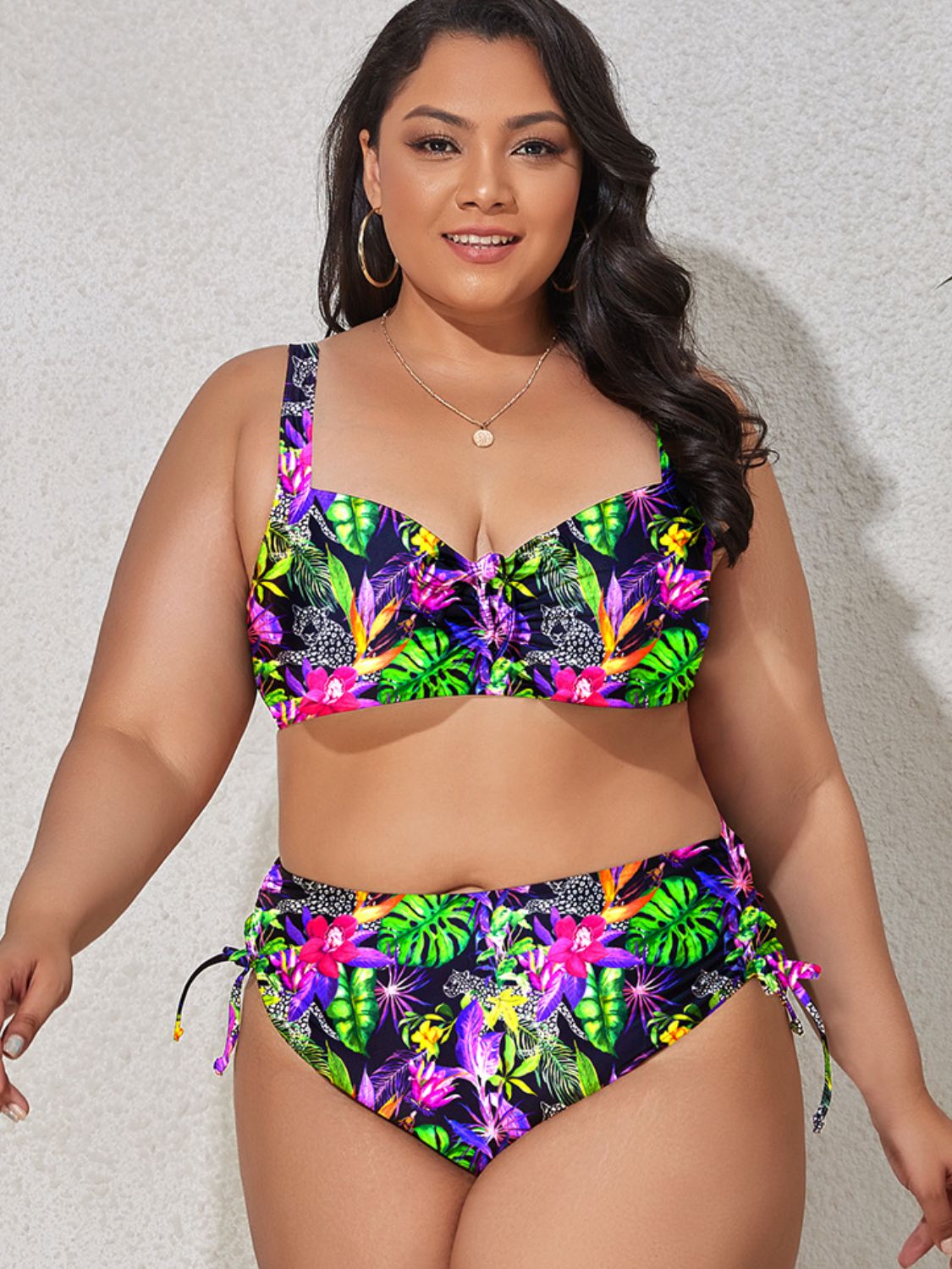 Plus Size Printed Drawstring Detail Bikini Set