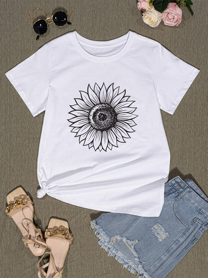 Flower Print Round Neck Short Sleeve T-Shirt