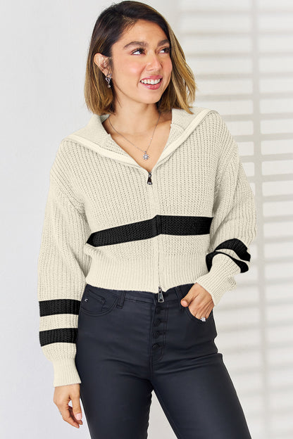 Striped Zip Up Dropped Shoulder Cardigan