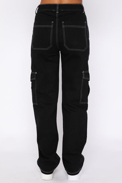 Contrast Stitching High Waist Cargo Jeans