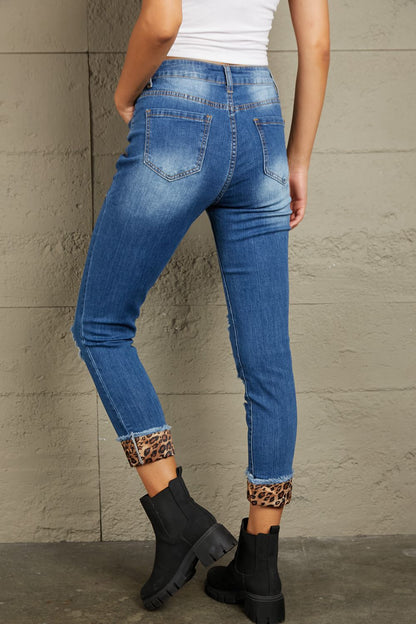 Baeful Leopard Patch Distressed Cropped Jeans