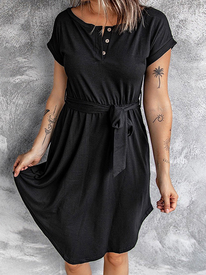 Tie-Waist Quarter Button Curved Hem Dress