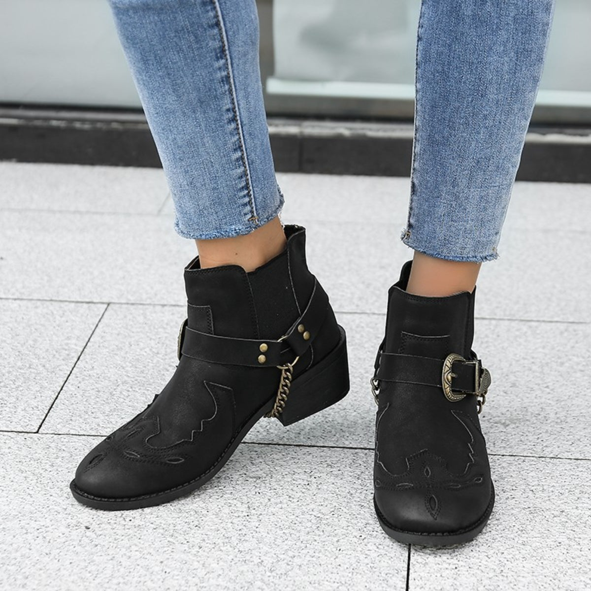 Chain PU Leather Block Heel Boots