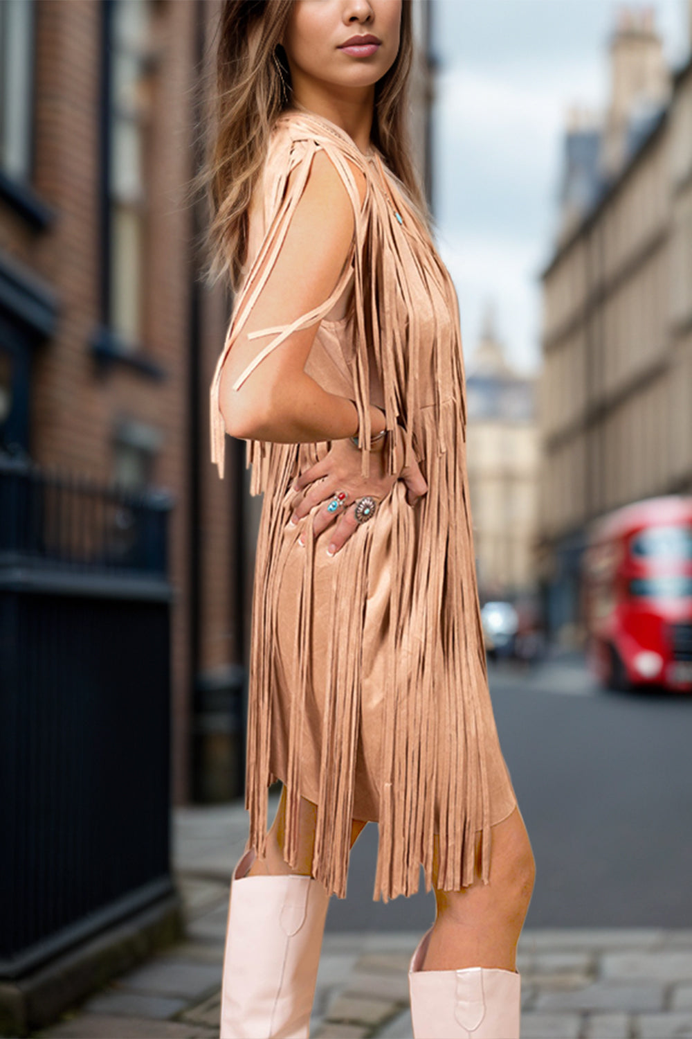 Full Size Fringe V-Neck Sleeveless Mini Dress