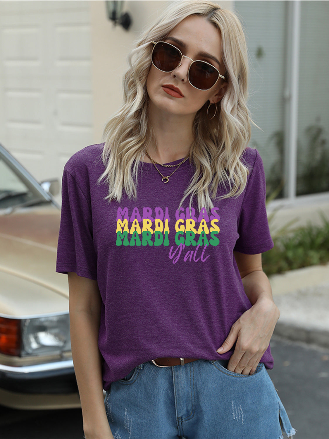 Full Size MARDI GRAS Y'ALL Round Neck T-Shirt