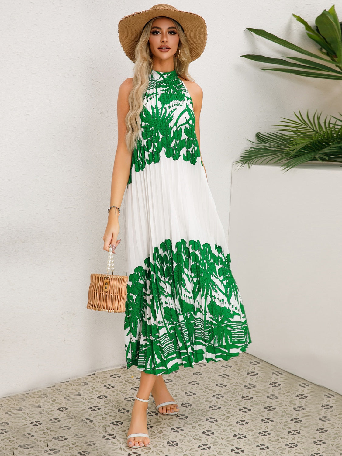 Tied Printed Sleeveless Midi Dress