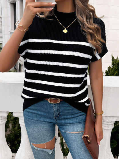 Striped Mock Neck Short Sleeve Sweater