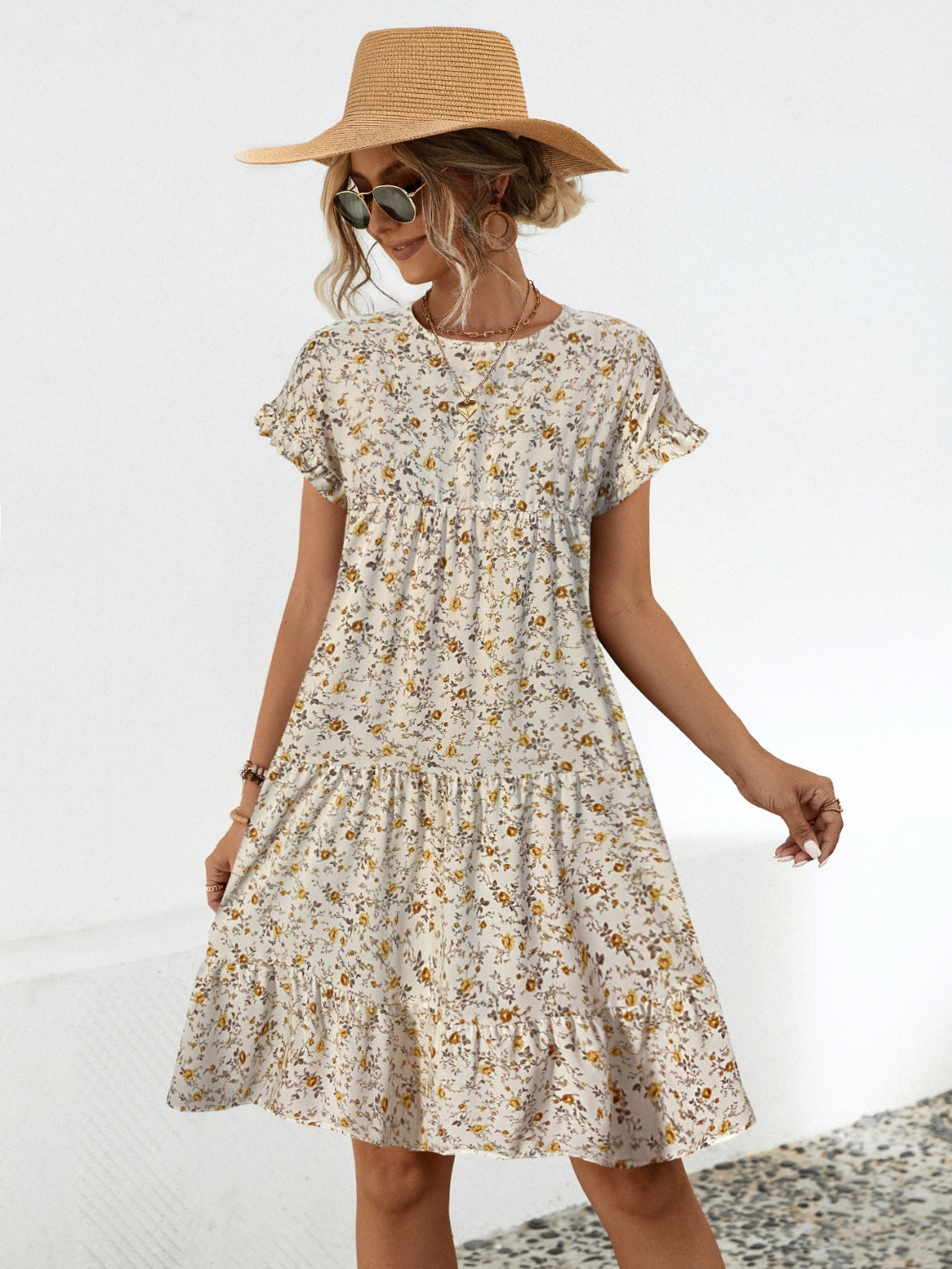 Frill Floral Round Neck Short Sleeve Tiered Dress