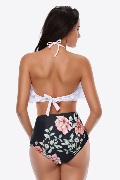 Two-Tone Ruffled Halter Neck Two-Piece Swimsuit