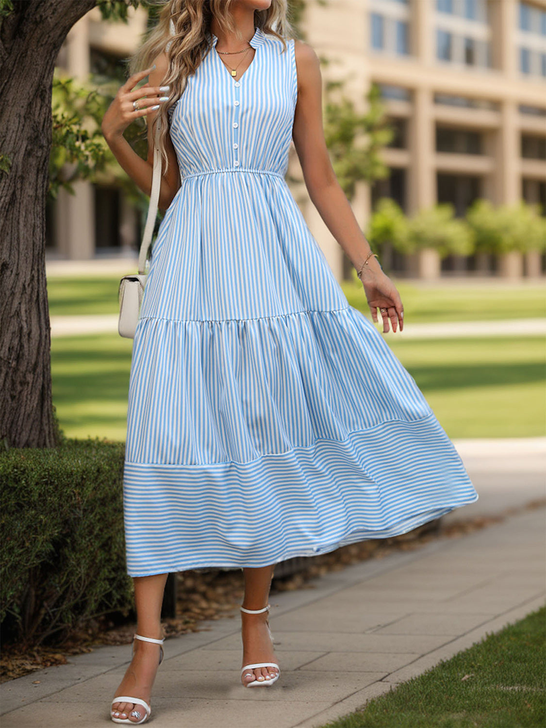 Striped Notched Sleeveless Midi Dress