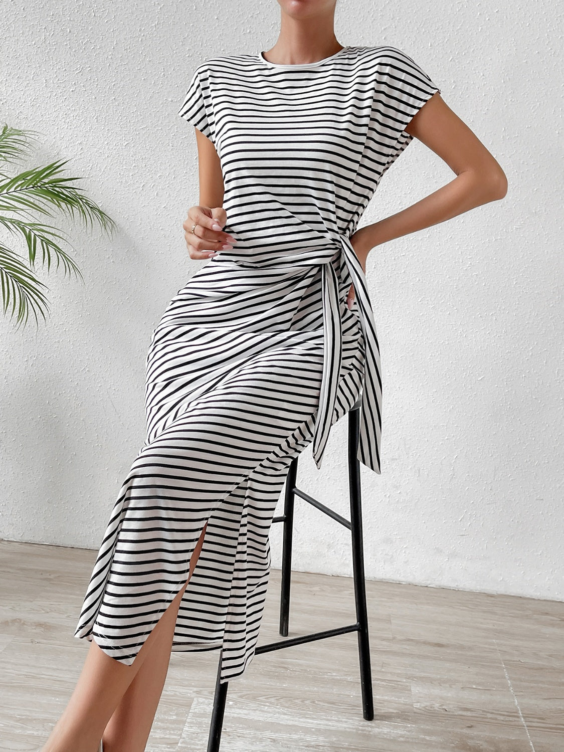 Tied Striped Round Neck Short Sleeve Tee Dress