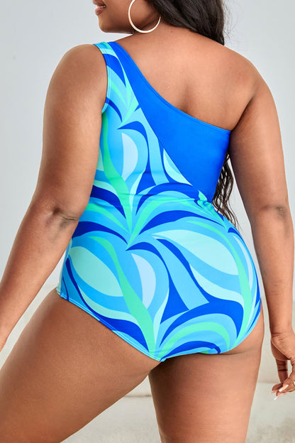 Plus Size Printed Ring Detail One-Shoulder One-Piece Swimsuit