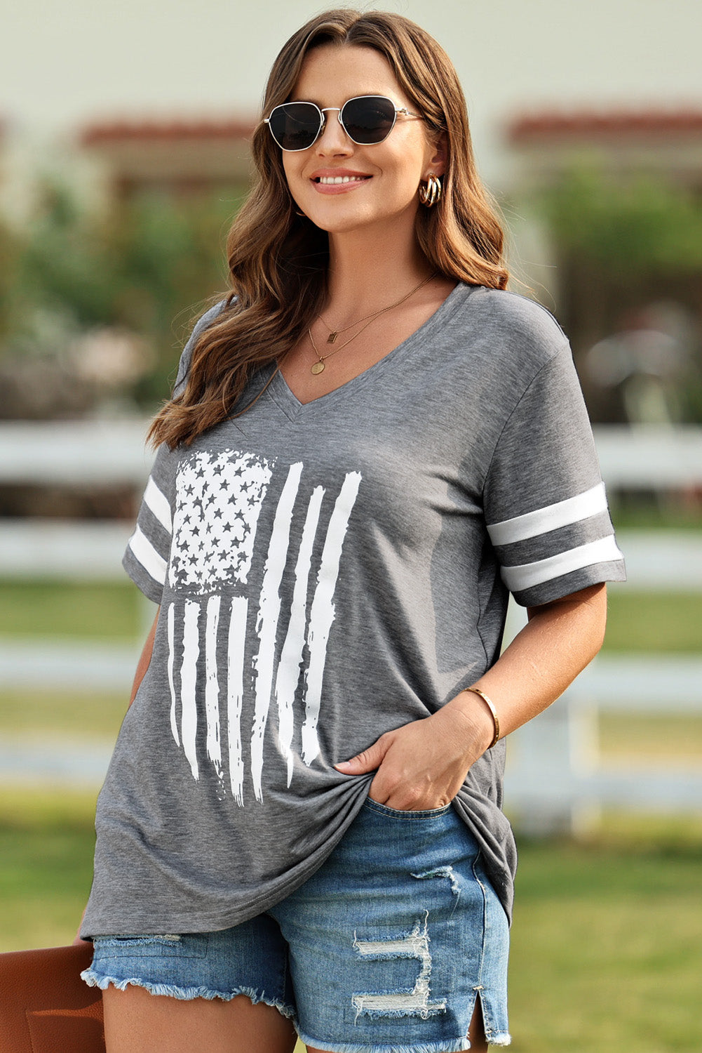 Plus Size US Flag Graphic V-Neck Tee