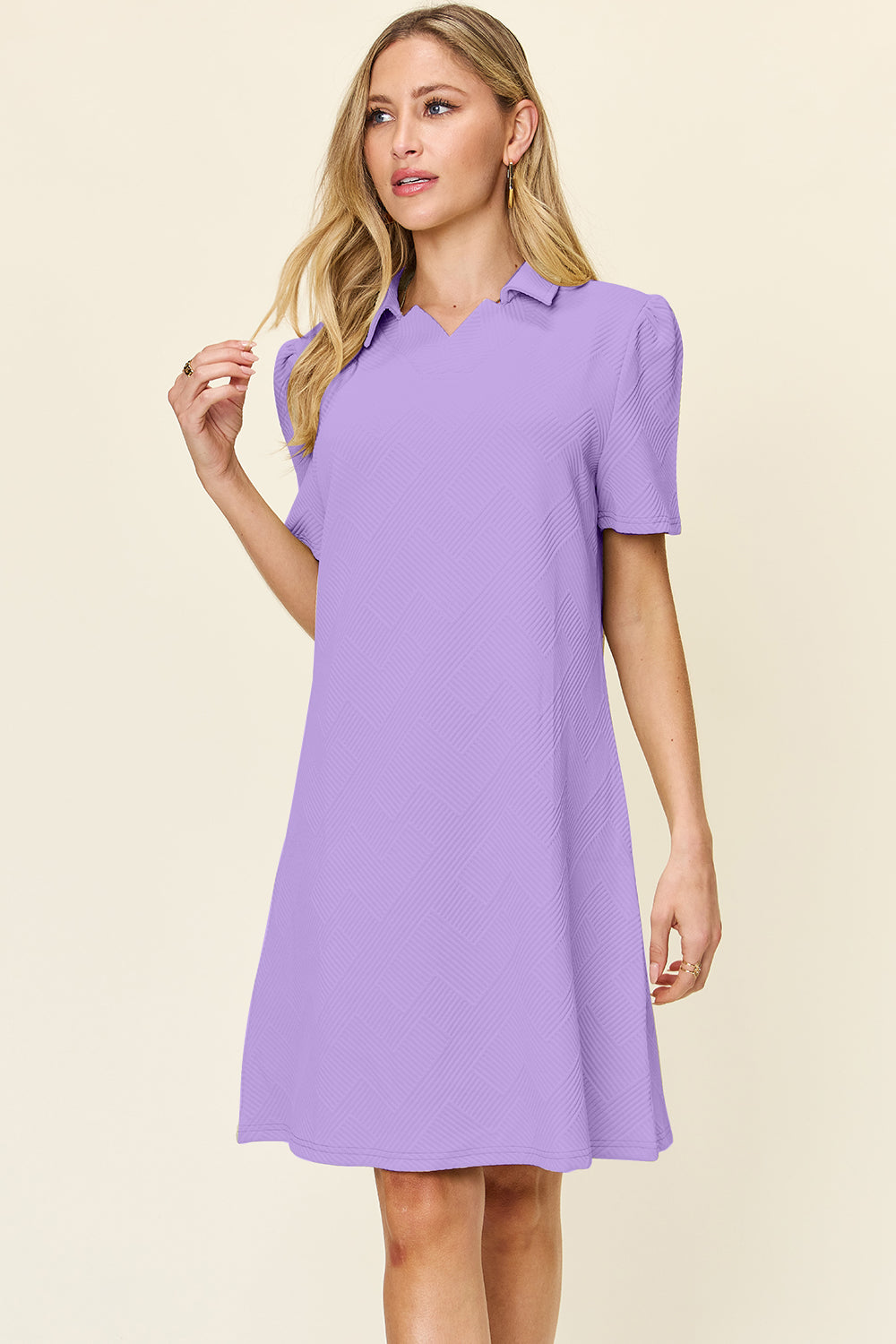 Double Take Full Size Texture Collared Neck Short Sleeve Dress