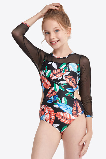 Printed Round Neck Cutout One-Piece Swimsuit