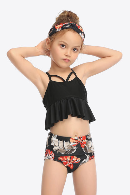 Botanical Print Crisscross Ruffled Two-Piece Swim Set