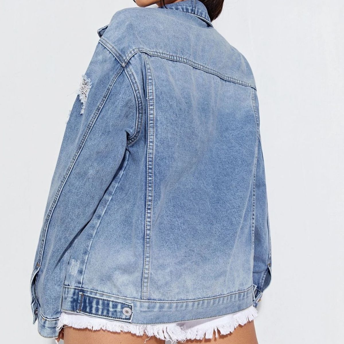 Collared Neck Button-Up Distressed Denim Jacket