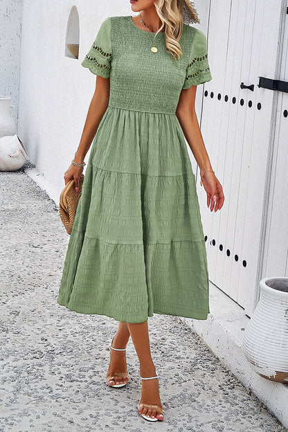 Smocked Round Neck Short Sleeve Midi Dress