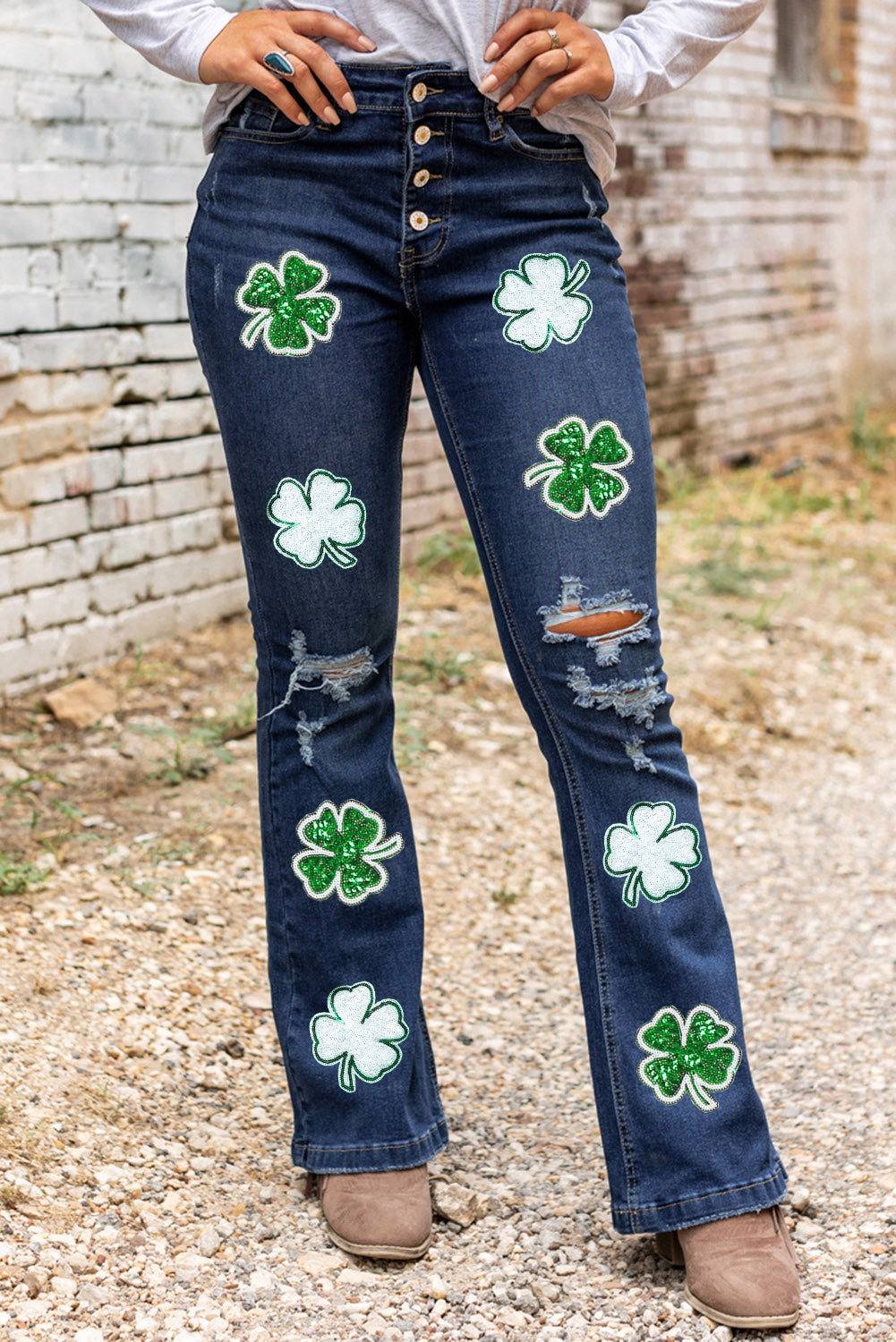 Distressed Lucky Clover Sequin Jeans