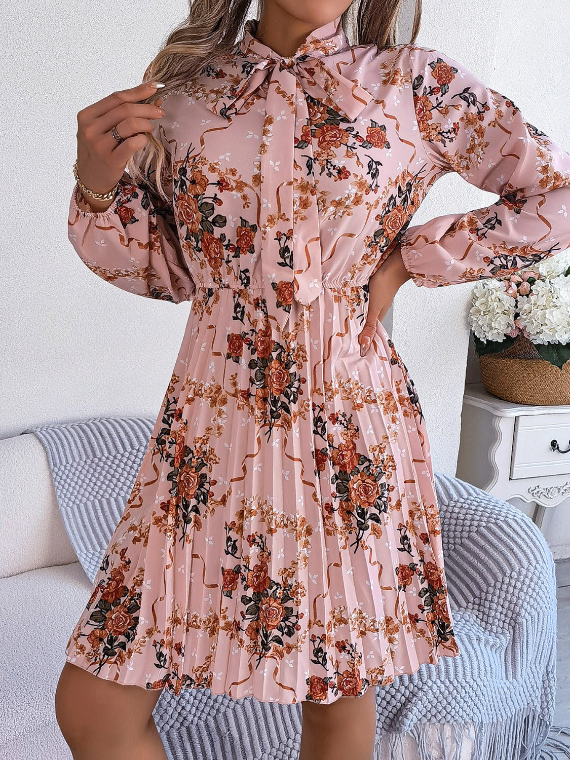 Pleated Printed Tie Neck Long Sleeve Dress