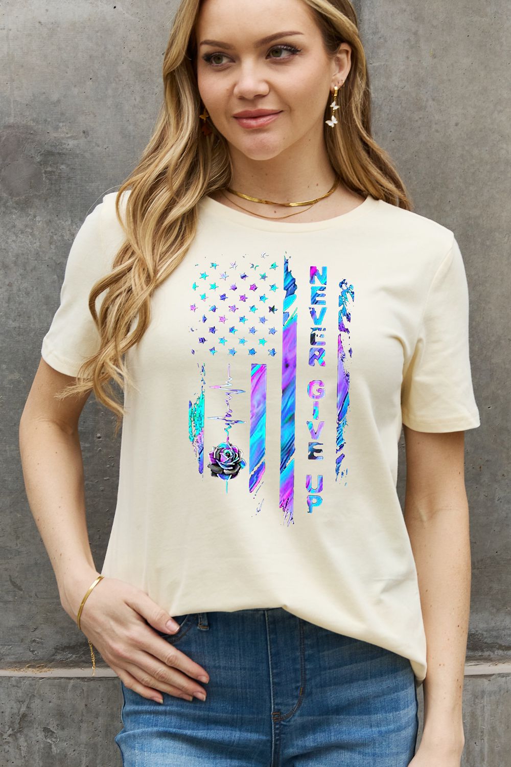 Simply Love Simply Love Full Size NEVER GIVE UP Graphic Cotton Tee