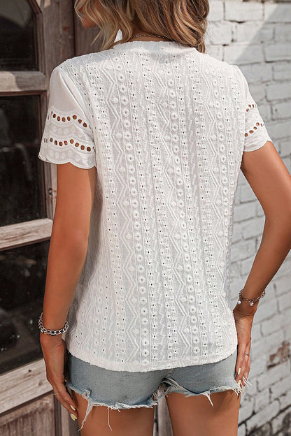 Eyelet Round Neck Short Sleeve Top