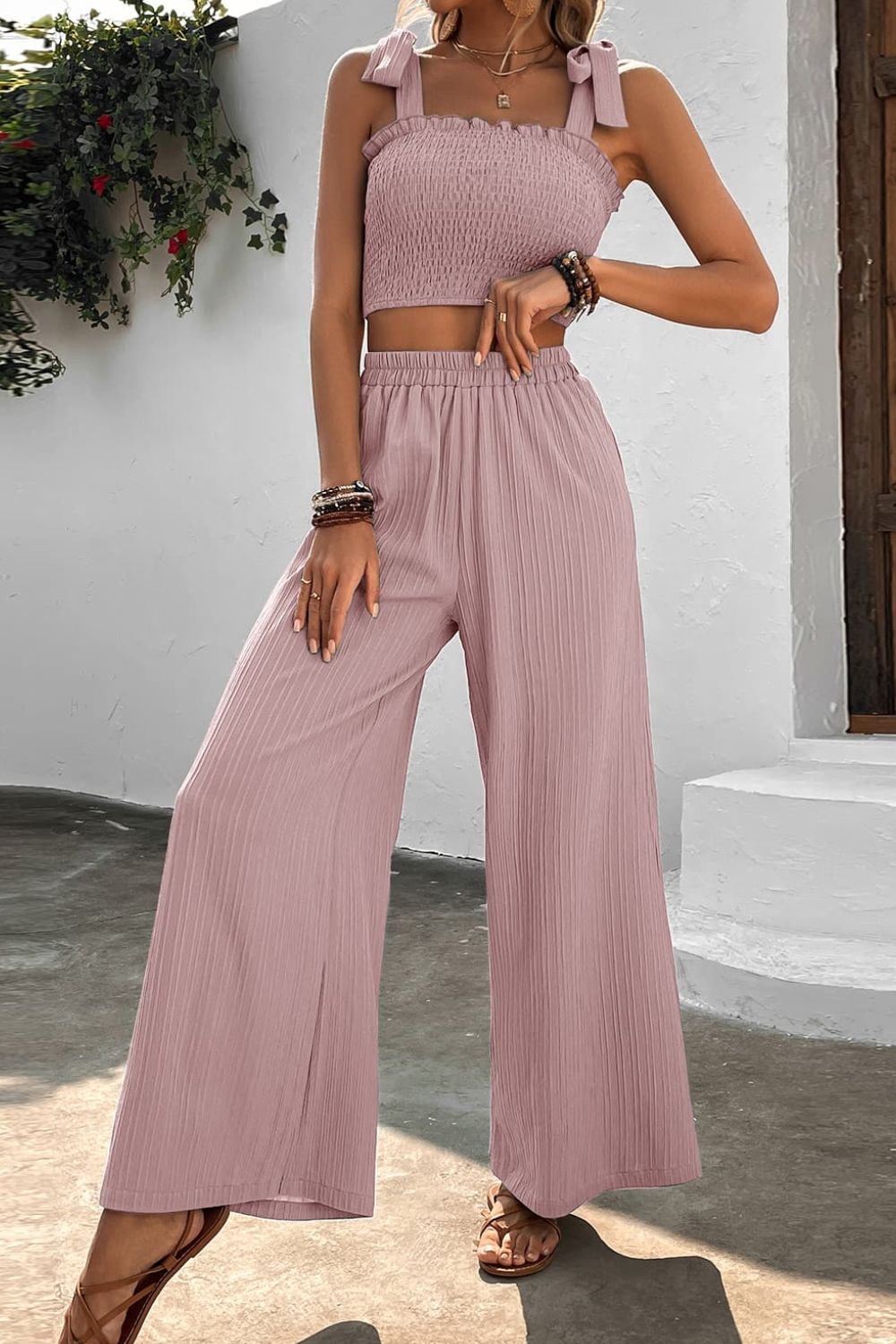 Tie Shoulder Smocked Crop Top and Wide Leg Pants Set